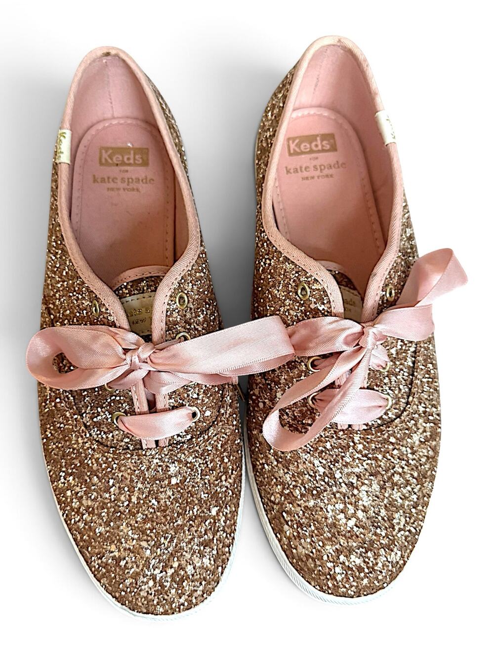 Keds x Kate Spade New York Glitter Sneakers Rose Gold Pink Ribbon Women’s 8.5
